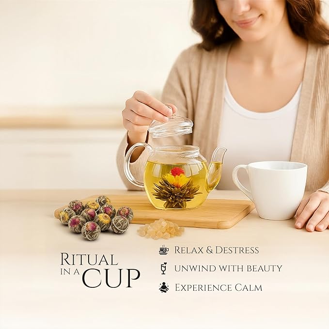 Tea Bunch Blooming Flower Tea Set – 12x2 Hand-Tied Organic Green Tea Balls with 24 Packs of Rock Sugar, Gift-Ready Packaging, Calming Floral Tea for Wellness & Relaxation (Glass Teapot Not Included)
