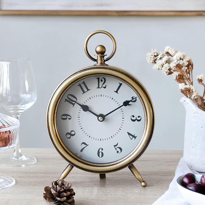 MACVAD Vintage Table Clock on Stand, Decorative Desk and Shelf Clock Farmhouse Mantel Non-Ticking Clock Rustic Metal Frame with Antique Gold Finish