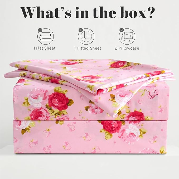 Bedlifes King Sheet Set Ultra Soft, Breathable, Silky Flower Deep Pocket 100% Microfiber Bedding, 4 Piece King Size Pink Floral(Red Rose)