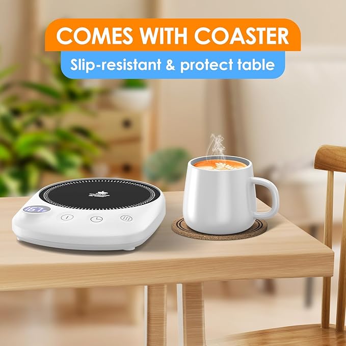 KitchekShop Coffee Mug Warmer - Fastest Heating & Highest Temperature, Coffee Cup Warmer for Desk Auto Shut Off, 4 Temp Settings & 1-12H Timer, Smart Electric Beverage Warmer for Coffee Candle (White)