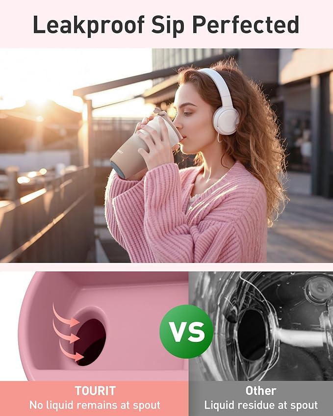 TOURIT 16 oz Travel Coffee Mug, Insulated Stainless Steel Travel Mug with Lid, Leak-Proof Double-Wall Vacuum Tumbler, Reusable Coffee Cup - Pink