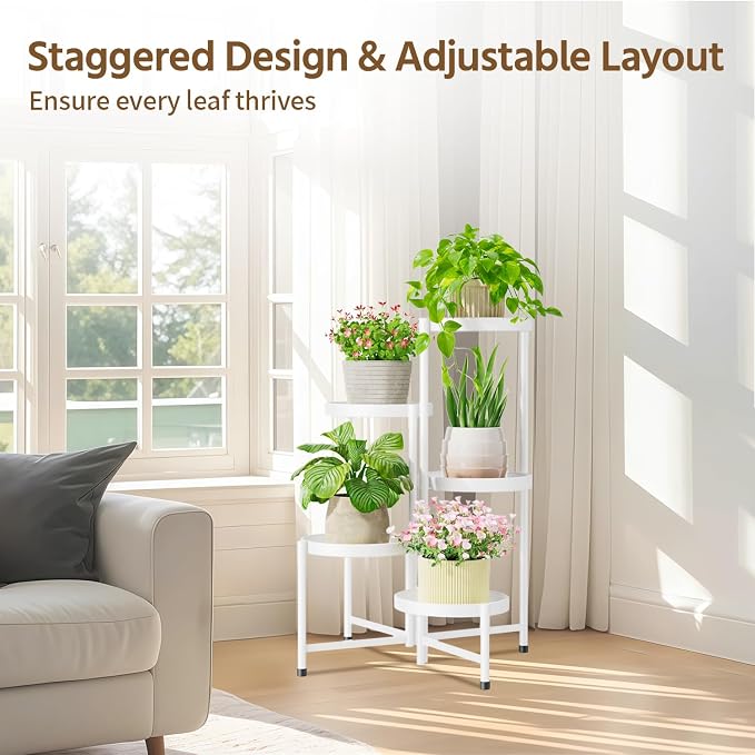 LASZOLA 5 Tiered Folding Plant Stand Indoor for Multiple Large Planter, Tall Heavy Duty Adjustable Rack with Rust Proof 10 Inch Wide Tray, Sturdy Vertical Tree Organizer for Narrow Inside Floor, White