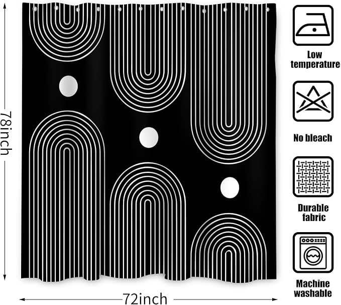 Black and White Extra Long Shower Curtain, Boho Minimalist Mid Century Modern Arch Geometric Machine Washable Waterproof Fabric for Bathroom Bathtub Decor with Hooks 72Wx78H
