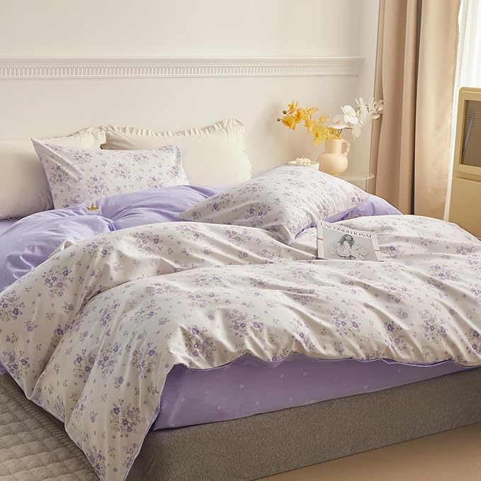 LifeTB Vintage Floral Comforter Set Queen Purple Flower Bedding Comforter for Queen Bed Boho Garden Floral Botanical Comforter with 2 Pillowcases Farmhouse Bedding Girls Floral Comfy Comforter Set