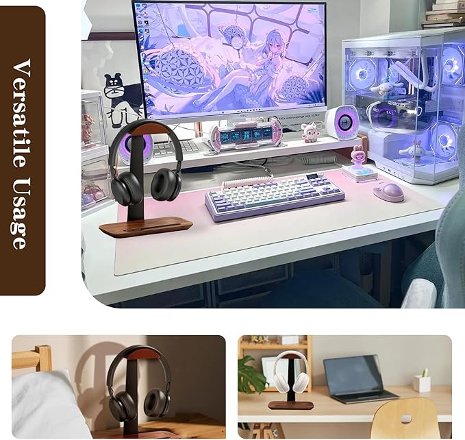 ZHIYUEJING Walnut Wood Headphone Stand,Headphone Rack with Storage Base Plate,Headphones Holder for Study Rooms,Gaming Spaces,Desktop,Office