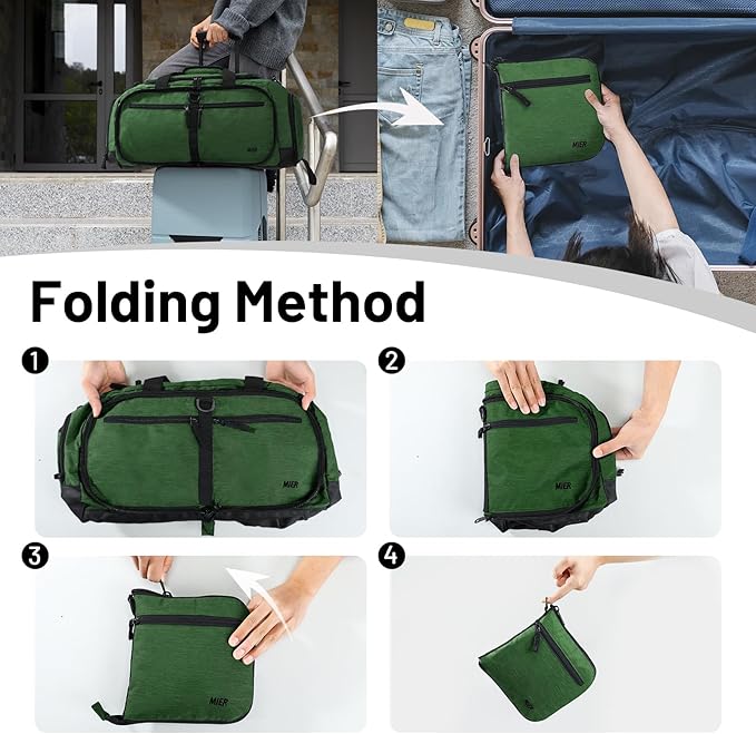 MIER Foldable Duffle Bag with Shoe Compartment 50L Travel Duffel Bags for Men Women Packable Overnight Bag for Camping Gym Weekender, Dark Green