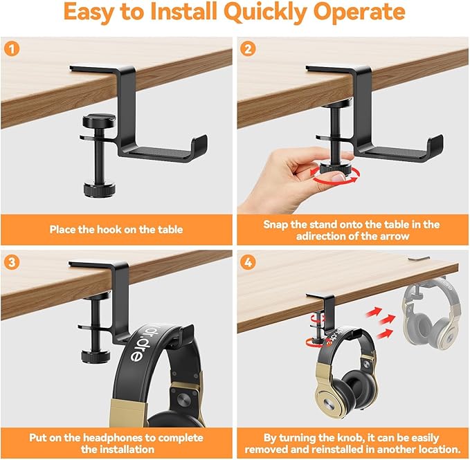 Yocice Headphone Hanger Holder Stand-Under Desk Headphone Hanger, Headset Hook Holder Space-Saving Aluminum Stand with Universal Fit for Gaming PC Accessories (Black-1PCS)