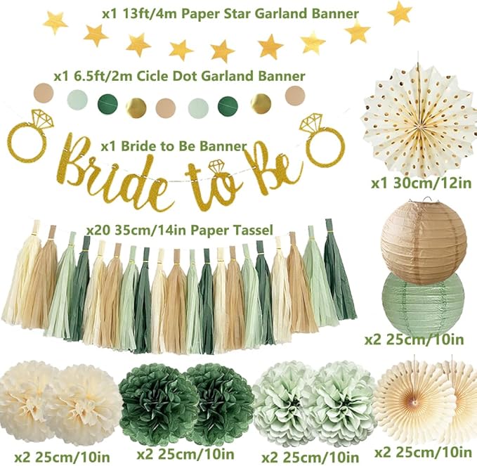 Bridal Shower Decorations Sage Green Bachelorette Party Decorations Bride To Be Banner Olive Sage Green Paper Pom Poms Paper Tassel Garlands Wedding Shower Party Decor