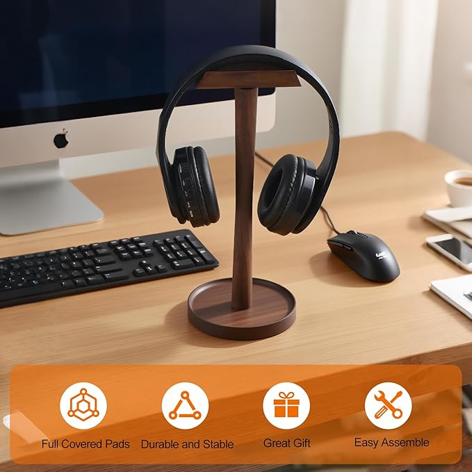 Yookin Wood Headphone Stand Headset Stand for Deak Universal Headphone Holder with Storgae Base Handcrafted Desk Organizer for Gaming Headsets(Black Walnut)