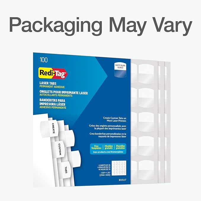Redi-Tag Products - Redi-Tag - Laser Printable Index Tabs, 1 1/8 in, White, 100/Pack - Sold As 1 Pack - Create permanent professional-quality indexes. - Sturdy plastic self-adhesive tabs attach to any page. - Templates compatible with Windows version o...