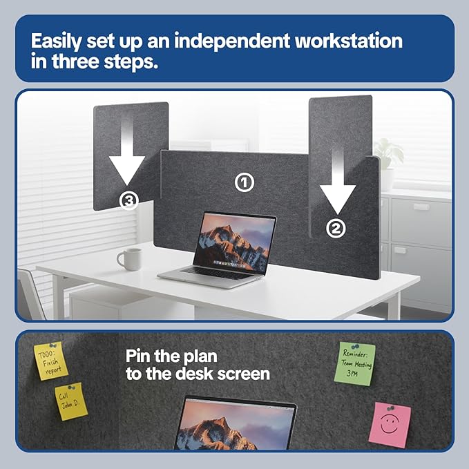 Desk Divider Privacy Screen 3 Panel Sound Absorbing - 47.2”x 23.6”x 19.7” Freestanding Acoustic Partitions for Office, Noise Reducing Panels for School, Home, Library,Dark Grey