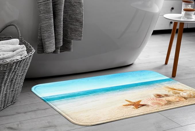 Britimes Bath Mat for Bathroom, Blue Beach Starfish Sea Washable Cover Floor Rug Carpets Floor Mat Bathroom Decorations 18x30 Inches for Kitchen Bedroom Indoor