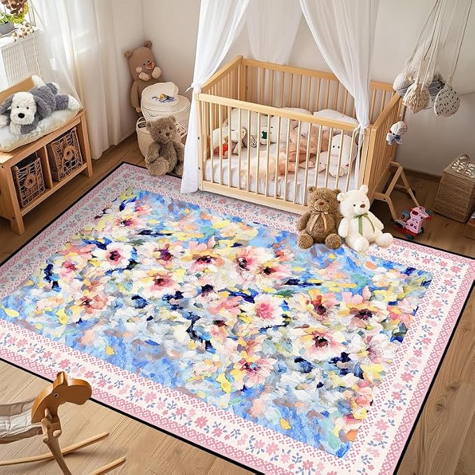 Floral Oil Painting Area Rug Watercolor Flower Print Rugs for Entryway Bedroom Living Room Nursery Kitchen Playroom Home Decor Washable Low Pile Floor Mat Carpet,4'x6'