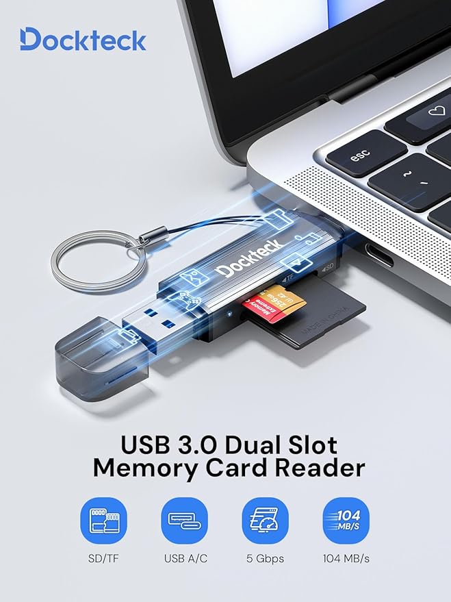 SD Card Reader, Dockteck USB 3.0 Card Reader to Micro SD Card Adapter to SD TF Memory Stick, Dual-Slot OTG Reader for UHS-I SD/Micro SD/SDHC/SDXC/MMC, for MacBook,iPad Pro/Air, iPhone 15, Android