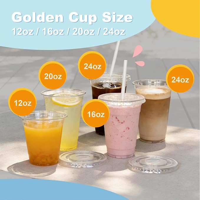 Coolcap 16 oz 100 Pack Disposable Clear Plastic Cups with Lids and Straws, Food Safe Bulk Iced Coffee Cups for Smoothies, Milkshakes and Other Cold Drinks