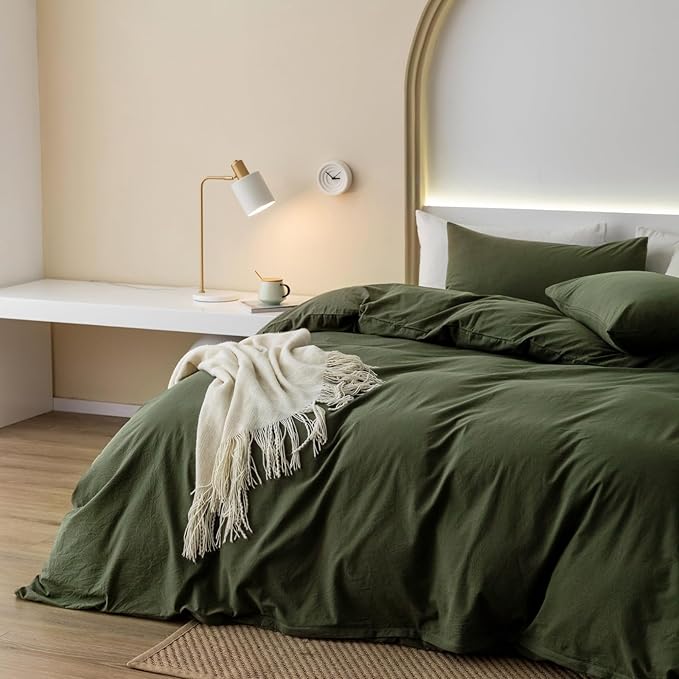 JIYUAN 100% Washed Cotton Duvet Cover Set 3 Pieces Alaska King, 1 Duvet Cover 132x120 Inches(Comforter Not Included) and 2 Pillowcases,Linen Feel Bedding Set Comfy and Breathable,Olive Green