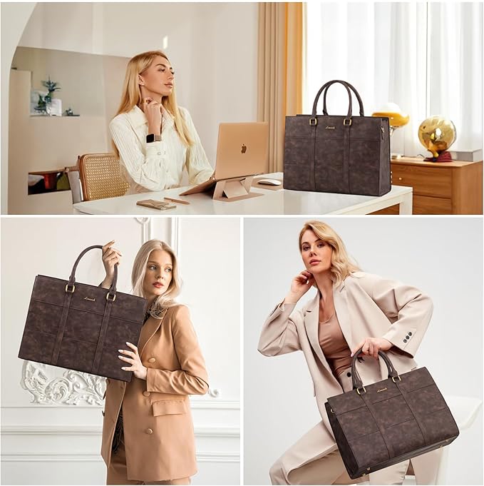 LOVEVOOK Laptop Bag for Women, 15.6 Inch Laptop Tote Bag, Vintage Leather Work Bags for Women, Waterproof Computer bag with Clutch Purse, Large Capacity Briefcase, Business Office Bag