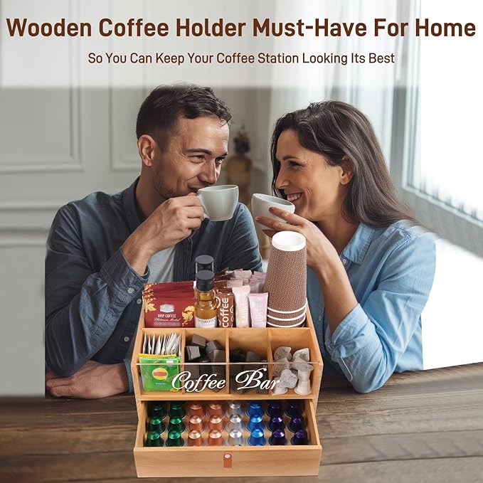 Intarsio 2-Tier Coffee Bar Organizer with Clear Acrylic Top, Built-in Drawer and Leather Handle Pull for Countertop, Stylish Coffee Station Storage Box for Accessories, Pods, Great Gifts for Home