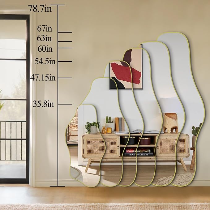 Irregular Wall Mirror, 47.2"x24" Gold Asymmetrical Tempered Glass Mirror, Frameless Organic Shaped Mirrors for Entryway Bedroom Living Room Bathroom, Horizontal or Vertical Hanging