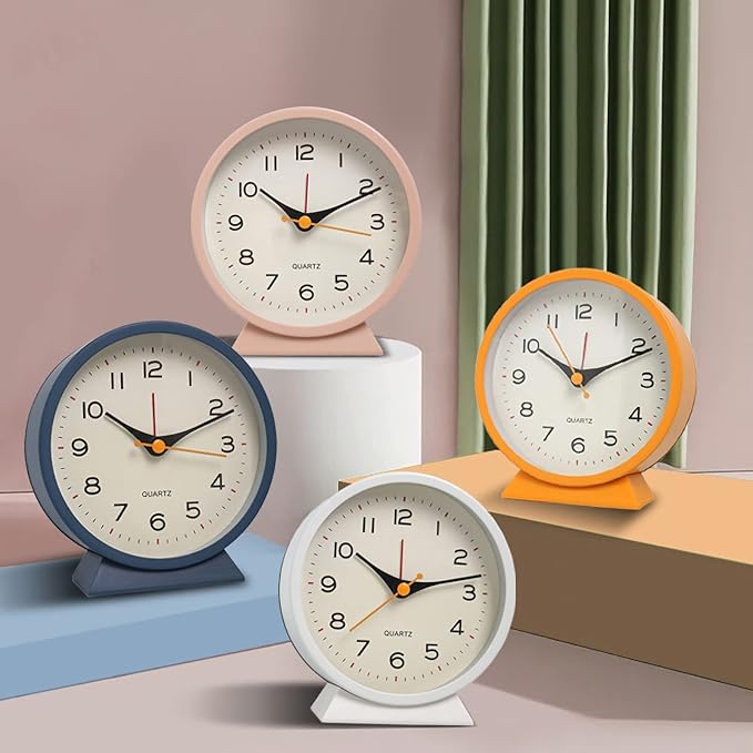 SHISEDECO 4.5" Battery Operated Antique Retro Analog Alarm Clock, Small Silent Bedside Deskclock with Light Function, Non-Ticking Tableclock Decor for Living Room, Bedroom, Bedside, Shelf (Pink)