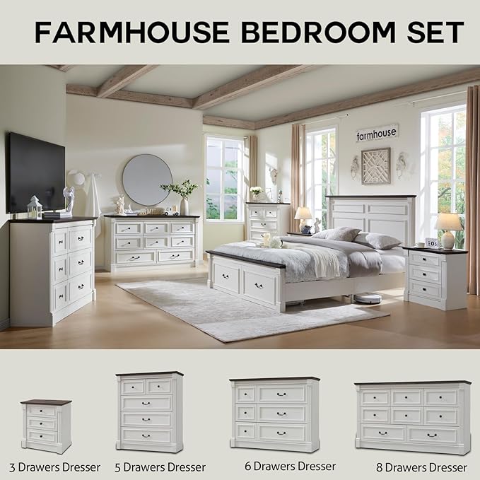 6 Drawers Dresser for Bedroom, Farmhouse 47.8" Wide Dressers & Chests of Drawers w/Roman Column, Wood Rustic Closet Dresser with Two Different Drawer Sizes for Bedroom, Living Room, White