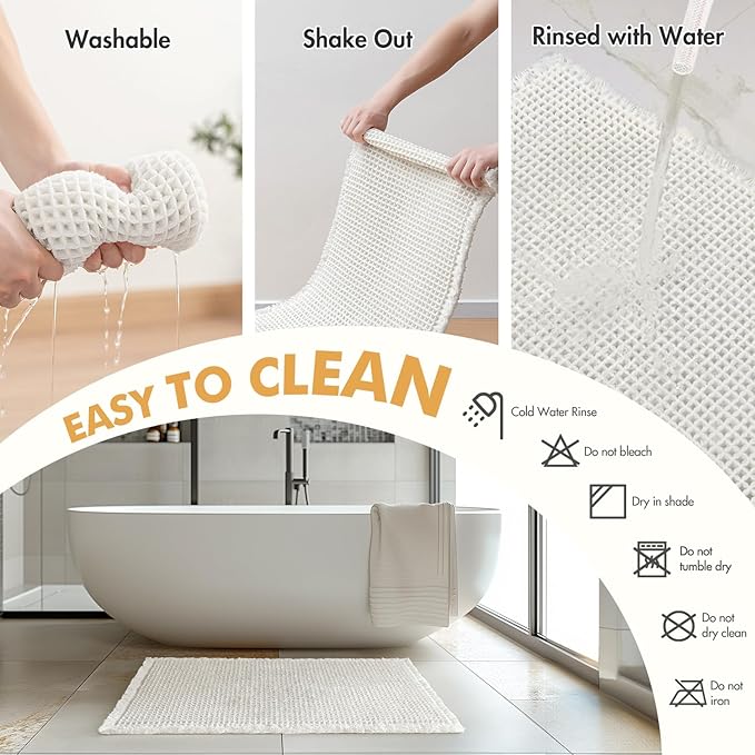 MIULEE Set of 2 Waffle Bathroom Rugs, Boho Bath Rugs Non Slip Washable, Super Absorbent Bath Mats, Ultra Soft Rubber Backed Shower Mats for Bathroom Floor, Tub, White, 17"x24"+18"x30"