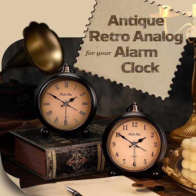 Hdisha Vintage Alarm Clock, 5 inch Battery Operated Silent Non Ticking Snooze Small Clock with Night Light, Old Fashioned Desk Clock Decor for Bedroom, Bedside, Living Room, Room (Arabic)