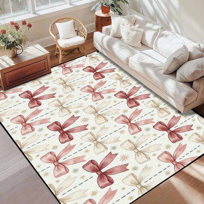 Pink Bowknot Area Rug 3'x5' Watercolor Coquette Aesthetic Non-Slip Washable Carpet for Entryway Bedroom Living Room Nursery Kitchen Playroom Home Decor Soft Low Pile Floor Mat
