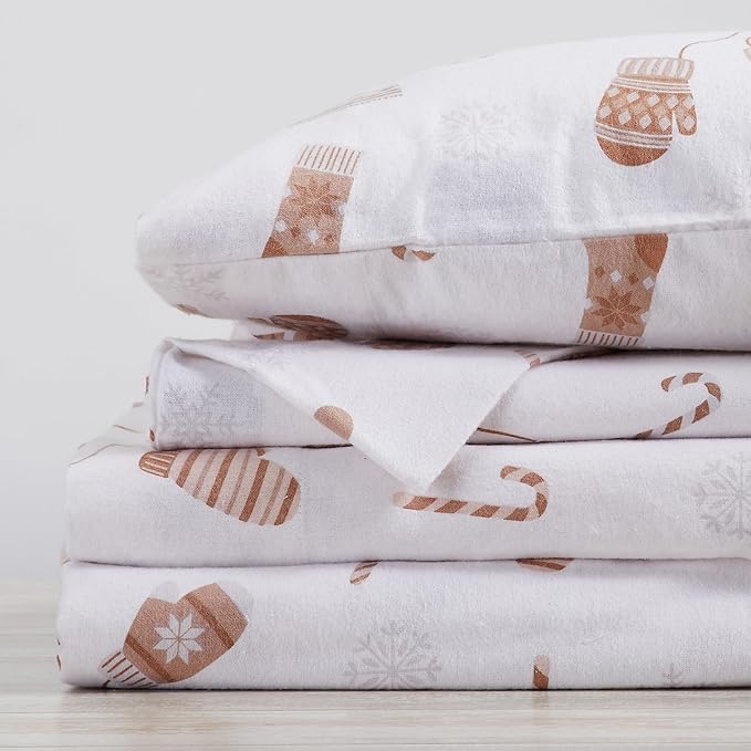 Market & Place 100% Cotton Twin Flannel Sheet Set | 3 Piece Deep Pocket Novelty Cozy Winter Bed Sheets | Double Brushed for Extra Softness & Comfort | Alpine Collection (Twin, Winter Mittens)