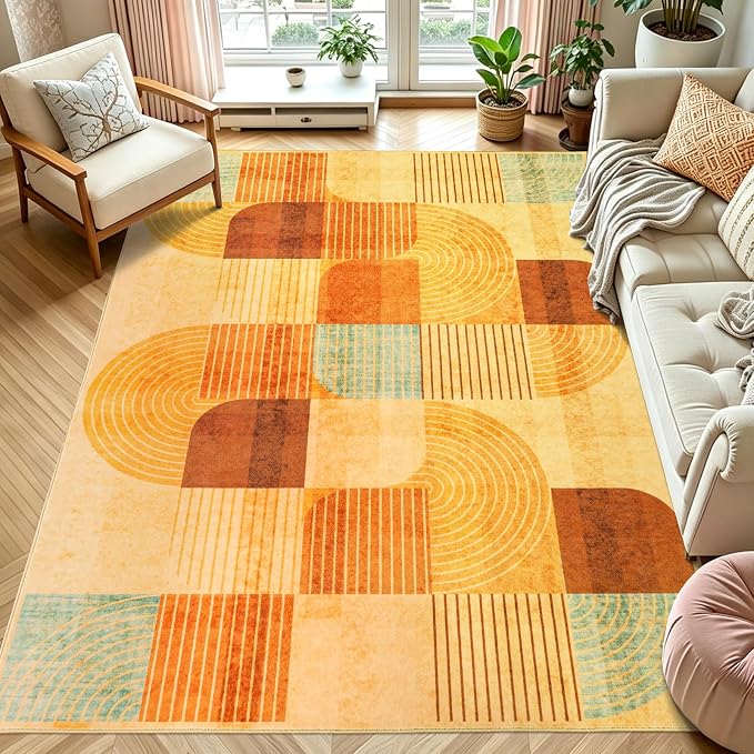4x6 Area Rugs for Living Room, Soft Modern Geometric Rug for Bedroom, Washable Non-Slip Indoor Floor Abstract Carpet for Dining Room Nursery Home, Multi/Orange
