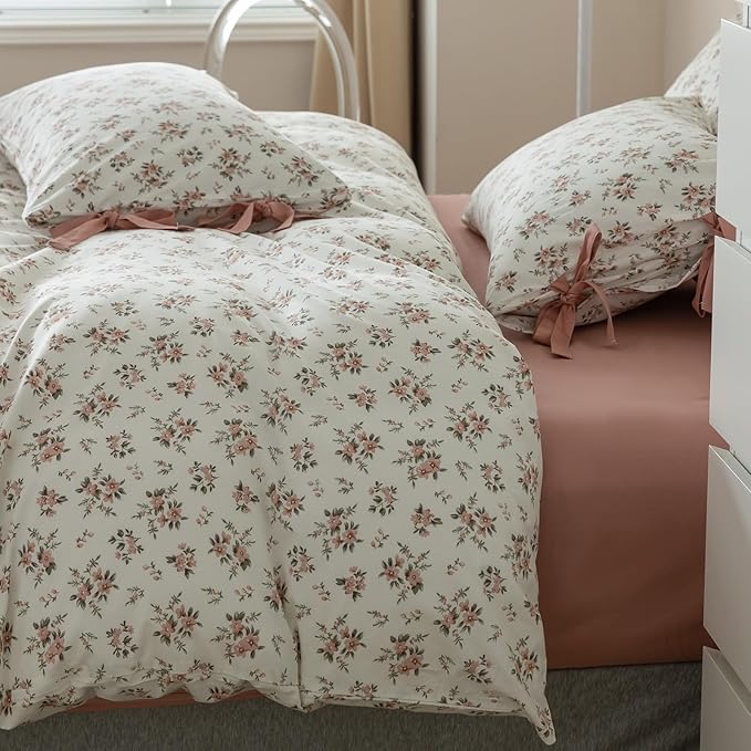 HighBuy 3 Piece Pink Floral Comforter Set Queen Size Luxury Vintage Floral Boho Comforter Set with 2 Bowknot Bow Tie Pillowcases Fluffy for Queen Bed,Soft Cozy Flowers Bedding Comforters Queen
