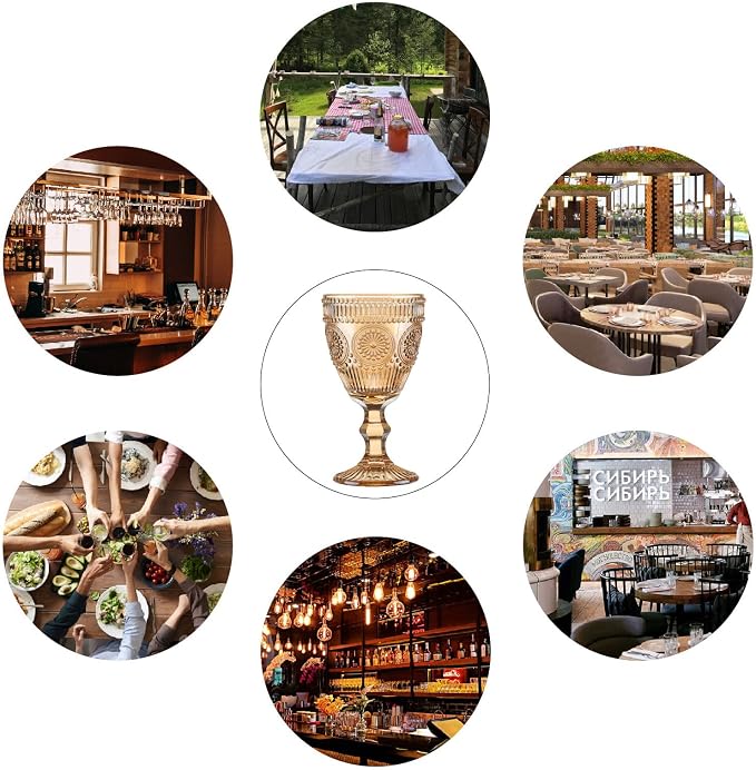 24 Pcs Vintage Wine Glasses, 10 Oz Colored Glass Water Goblets, Unique Flower Embossed Pattern High Clear Stemmed Glassware Wedding Party Bar Glass Drinking Cups Flower Amber Fancy Glasses Set of 24