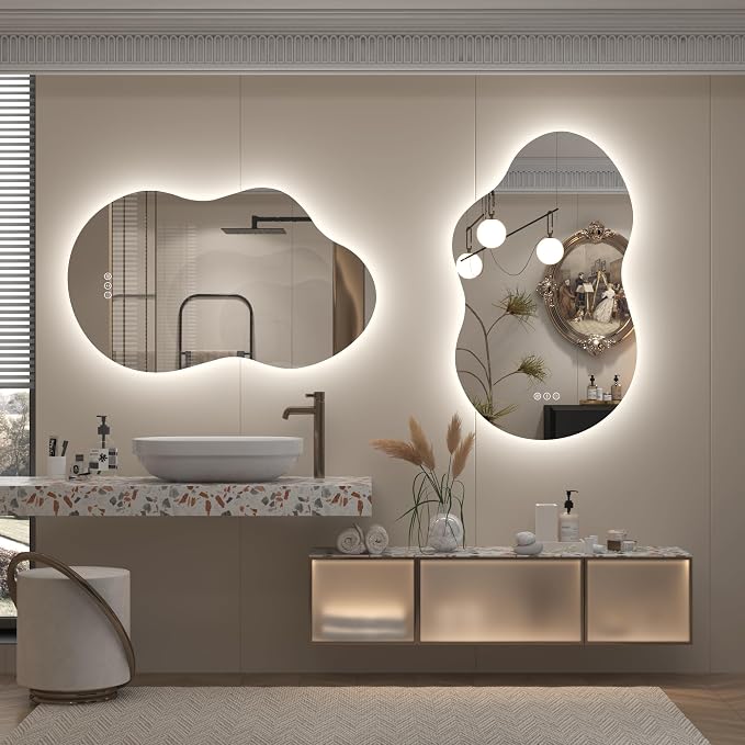 48x26 Inch Irregular LED Backlit Bathroom Mirror, Asymmetrical Cloud Led Lighted Vanity Mirror for Wall, Anit-Fog, Dimmable, Memory, Shatterproof (Horizontal/Vertical)