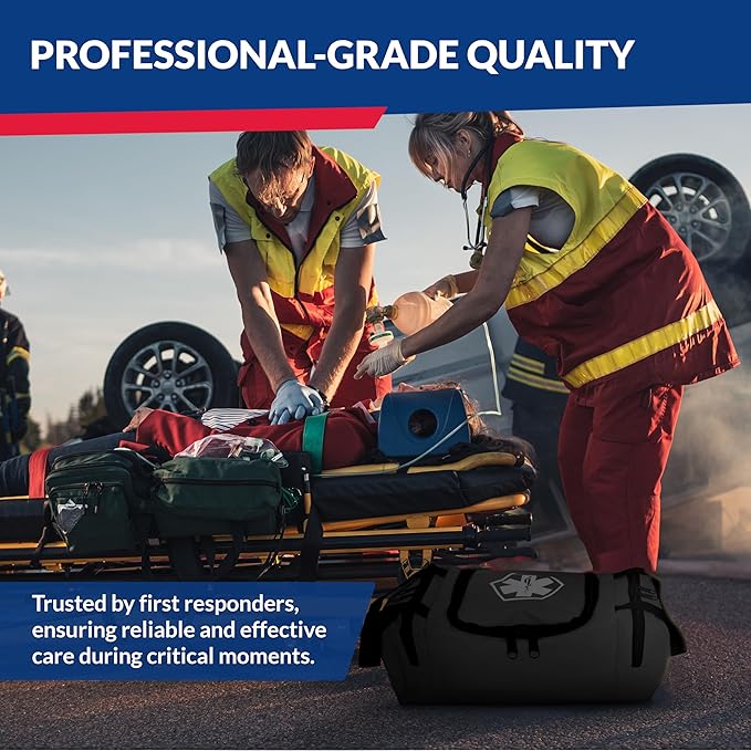 Fully Stocked Trauma First Aid Kit – First Responder II Bag with Tools, Gauze, Bandages, Scissors & Gloves – Compact & Portable – OSHA and ANSI Compliant – Black