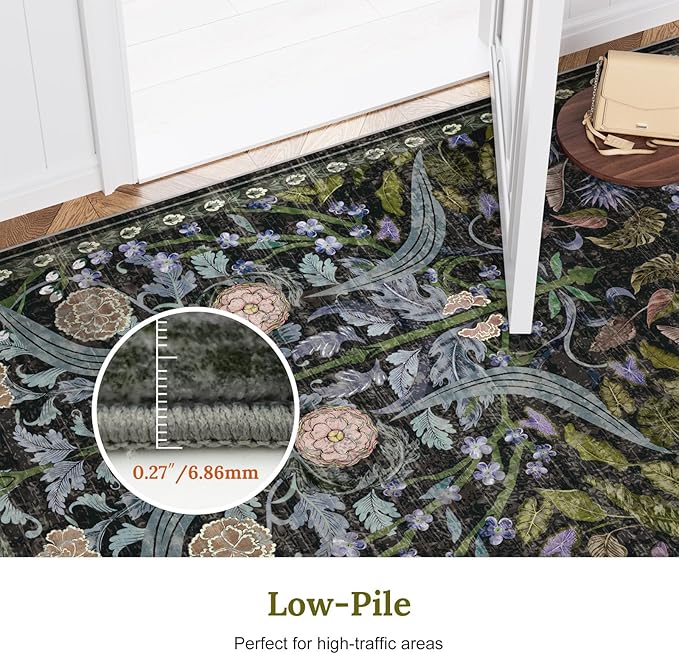 AMTOVO 5x7 Washable Area Rugs for Living Room, Vintage Boho Floral Distressed Print Non-Slip Carpet, Soft Colorful Accent Rug for Bedroom Dining Room Playroom Nursery Farmhouse Girls Room, Black