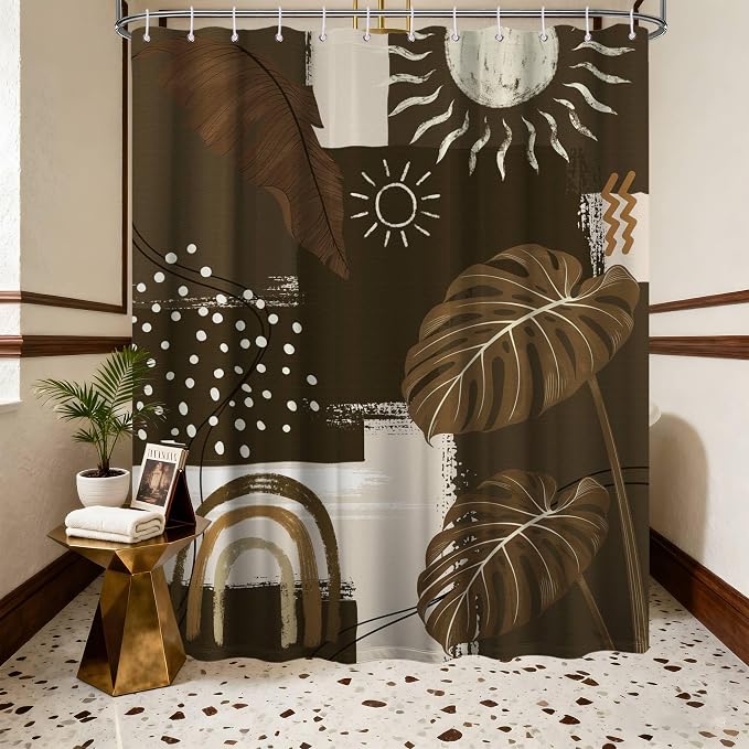 Dark Brown Mid Century Modern Shower Curtain Boho Abstract Khaki Earth Tone Shower Curtains for Bathroom Decor Sets, Waterproof Cloth Fabric with Hooks, 70 x 78 Inch