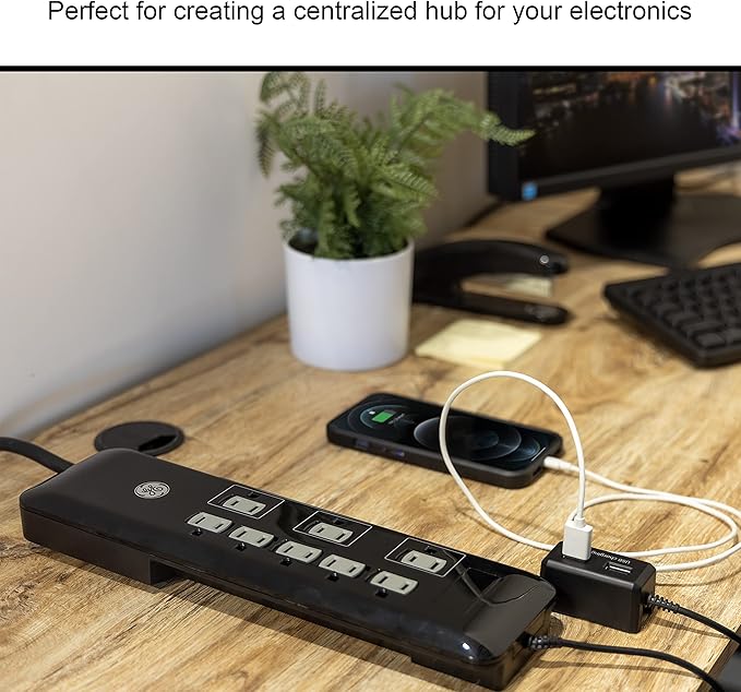 GE UltraPro 8 Outlet Surge Protector with USB Charging Dock, 2 USB Ports, 2160 Joules, 4' Cord, Black, 34117