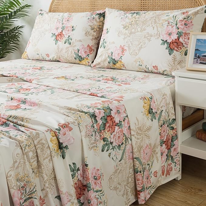 Zusbest- California Sheets, Soft 100% Cotton Pink & Cream Floral Bed Sheet Set Shabby Vintage Chic Peony Flower Printed, Breathable Luxury Toile Bedding 4 Piece Deep Pocket Sheets Cal King