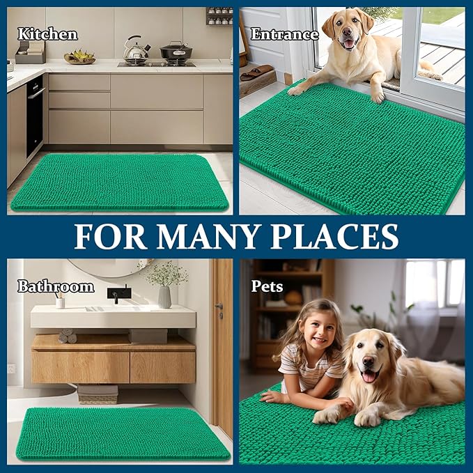 OLANLY Dog Door Mat for Muddy Paws 36x24, Absorbs Moisture and Dirt, Absorbent Non-Slip Washable Doormat, Quick Dry Chenille Mud Mat, Entry Indoor Entryway Carpet for Inside Floor, Emerald Green