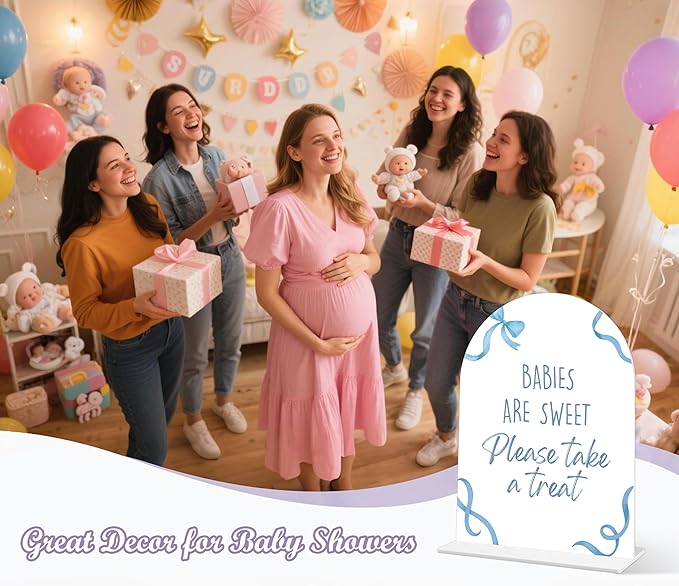 Babies Are Sweet Please Take a Treat Sign - Blue Bow Baby Shower Sign, 1 Pack Arch Acrylic Sign with Stand, Gender Reveal Party Table Decor, Blue Baby Shower Supplies (SP08)