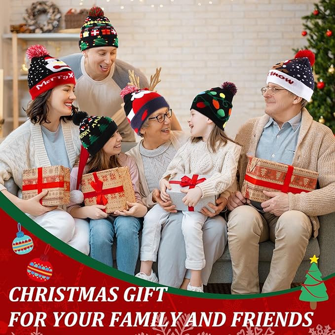 Vicenpal 6 Pcs Christmas Knitted Hat Xmas Beanie Hat Bulk Crochet Knit Cap Set Printed Wool Bulk