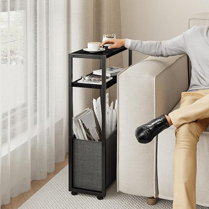 Narrow Side Table, Slim End Tables with Fabric Basket, Skinny Table for Small Spaces, Thin Bedside Table for Living Room, Bedroom (1, Ebony Black + Slate Gray)