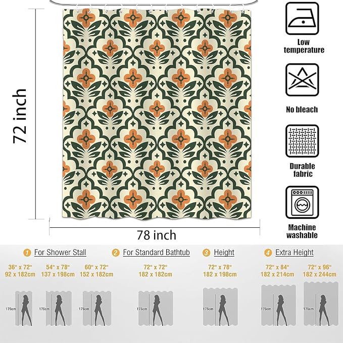 Vintage Boho Floral Shower Curtain,Mid Century Modern Abstract Orange Green Bathroom Curtain,Polyester Fabric Waterproof Bath Curtains 72x78 Inch with 12 Hooks