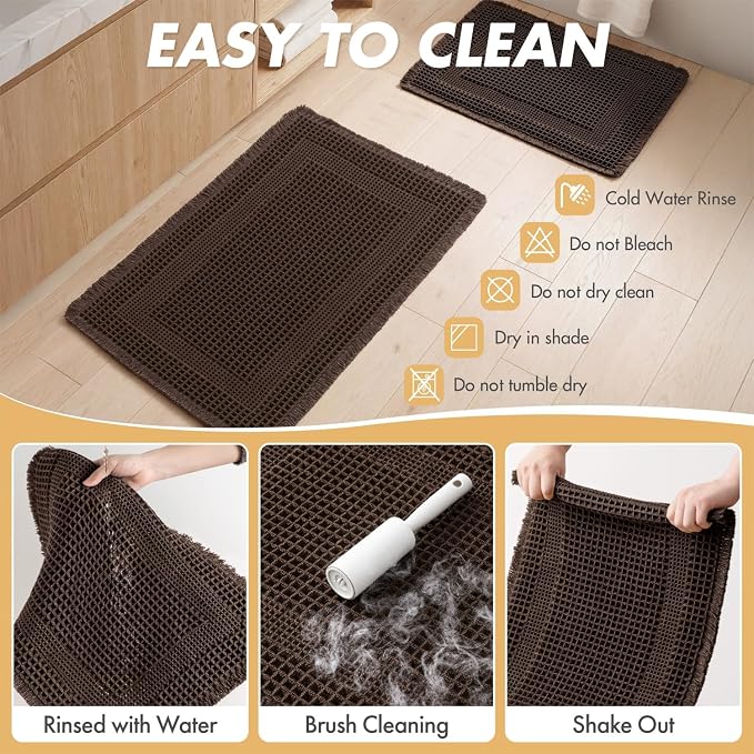 MIULEE Set of 2 Waffle Bathroom Rugs, Boho Bath Rug Super Absorbent, Non Slip Washable Ultra Soft Rubber Backed Shower Bath Mats for Floor, Tub, Shower, Looped Design, Chocolate, 17"x24"+18"x30"
