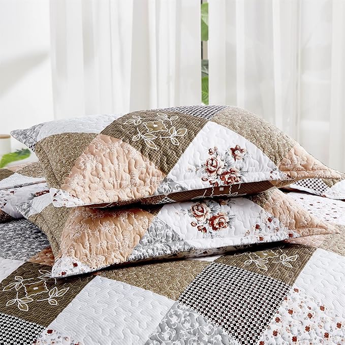 Dinjoy Floral Plaid Patchwork Quilt Set King Size, Reversible Brown Bedding Set Soft Microfiber Lightweight Bedspread Coverlet 3 Piece Fall Autumn Summer Use (104x90 inches)