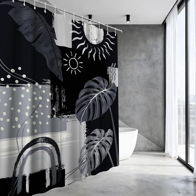Small Stall Narrow Shower Curtain Black and Gray Stand Up Dark Black and Grey Abstract Shower Curtains for Rv Camper Bathroom Decor Sets, Waterproof Cloth Fabric with Hooks, 48 x 72 Inch