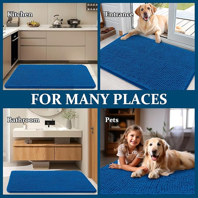 OLANLY Dog Door Mat for Muddy Paws 40x32, Absorbs Moisture and Dirt, Absorbent Non-Slip Washable Doormat, Quick Dry Chenille Mud Mat, Entry Indoor Entryway Carpet for Inside Floor, Deep Navy Blue