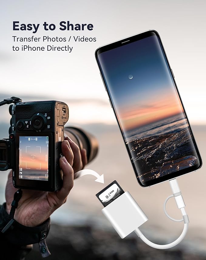 SD Card Reader for iPhone iPad, Dual Connector (Lightening&USB-C) Micro SD Memory Card Reader, 2 in 1 SD and TF Card Adapter Portable Trail Camera Viewer, No Driver Needed, Plug and Play