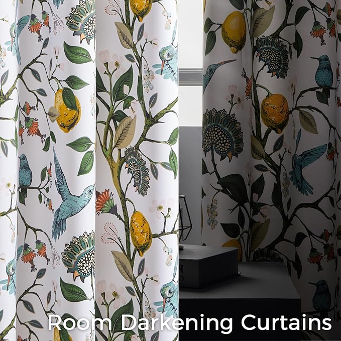 Curtains for Bedroom,Blue and White Hummingbird Floral Patterned Curtains 96 Inch Length for Living Room,Vintage Luxury Whimsical Floral Lemon Leaf Pinch Pleated Drapes,2 Panels