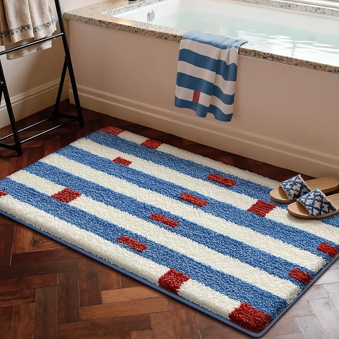 LUMI Bathroom Rugs with Blue White Stripe, Soft Absorbent Bath Mat for Modern Home Decor, Non-Slip Quick-Dry Bath Rug, Machine Washable Floor Mat for Shower and Tub, Entryway, 16"x24"